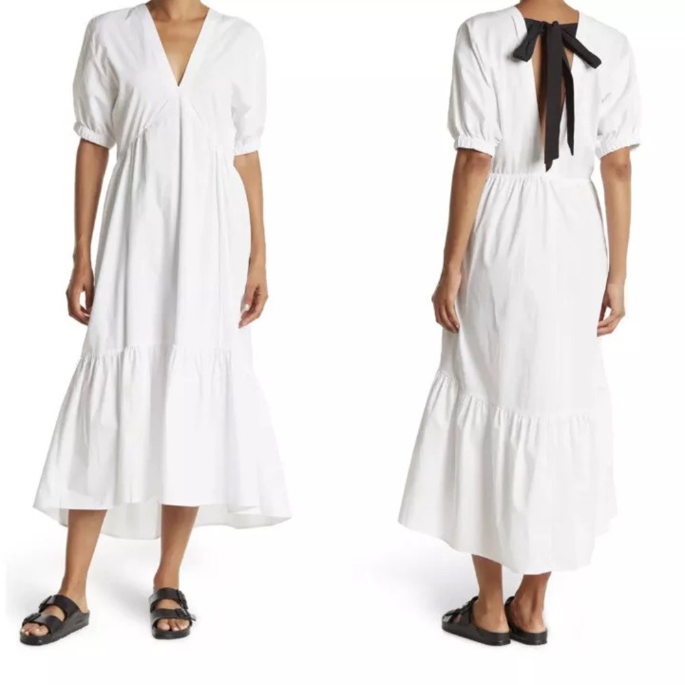 White poplin bow back v neck tiered midi